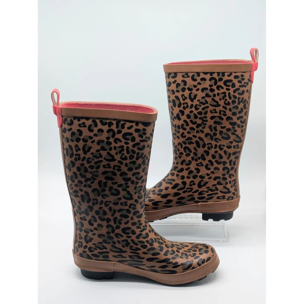 Girls Leopard Print Rain Boots Size 3 Brown Pink Waterproof Mid Calf Boots
